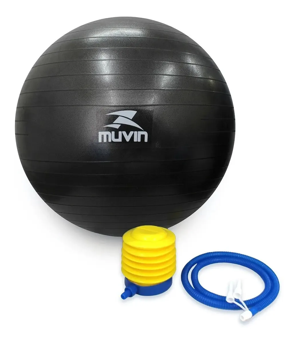 Bola de Pilates 55cm Muvin – Antiestouro – Suporta até 300kg – Com Bomba – Ginástica – Fitness – Pilates – Yoga – Fisioterapia – Flexibilidade – Fortalecimento – Tonificação – Fácil Limpeza - Preto