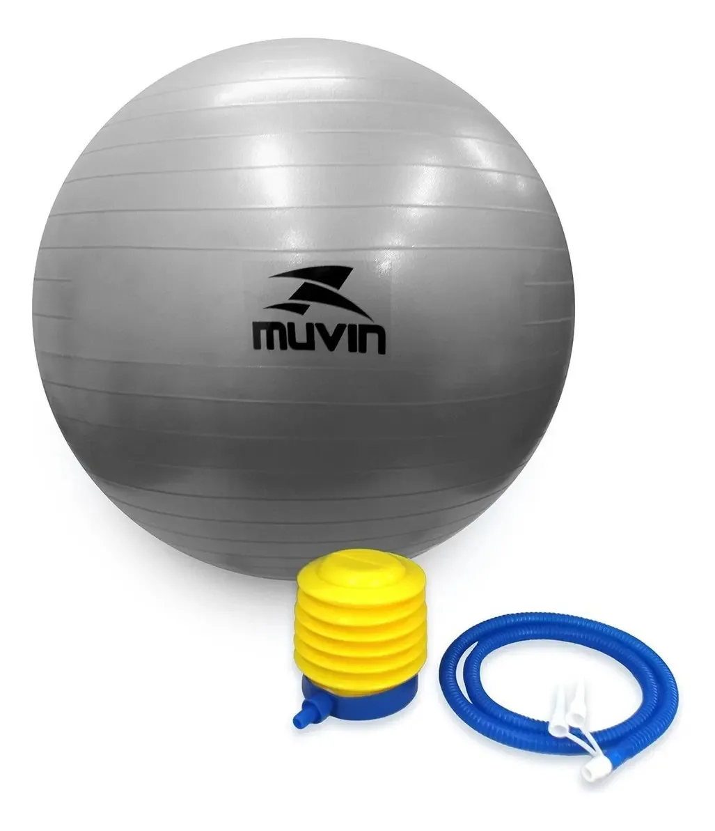Bola de Pilates 75cm Muvin – Antiestouro – Suporta até 300kg – Com Bomba – Ginástica – Fitness – Pilates – Yoga – Fisioterapia – Flexibilidade – Fortalecimento – Tonificação – Fácil Limpeza - Cinza