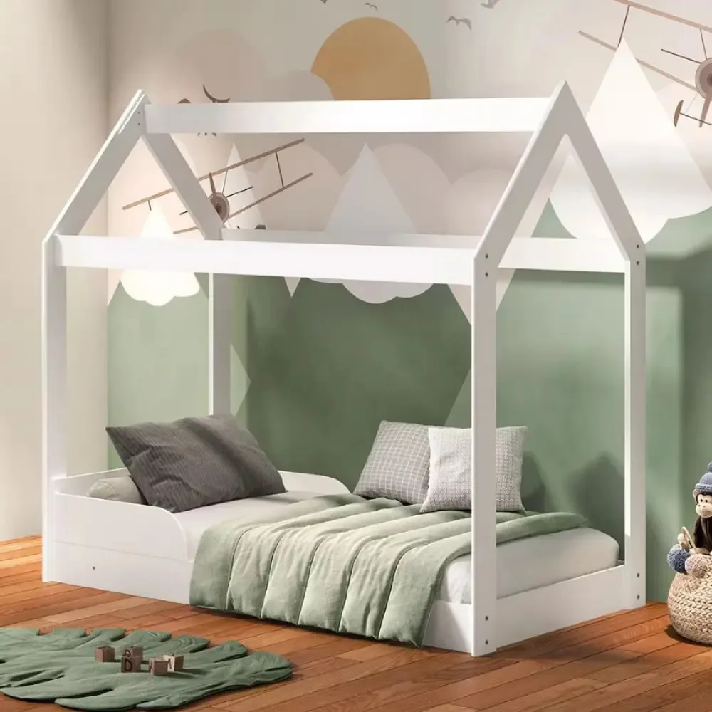 Cama Solteiro Montessoriana Infantil Com Tenda E Grades Barreto Branco