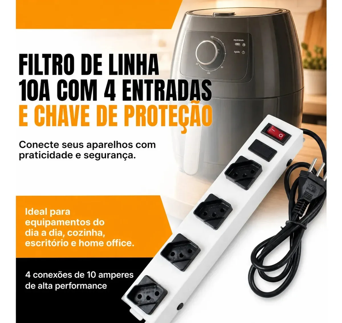 Filtro de Linha Kitec para Escritório, com 4 Tomadas e Cabo de 3 Metros