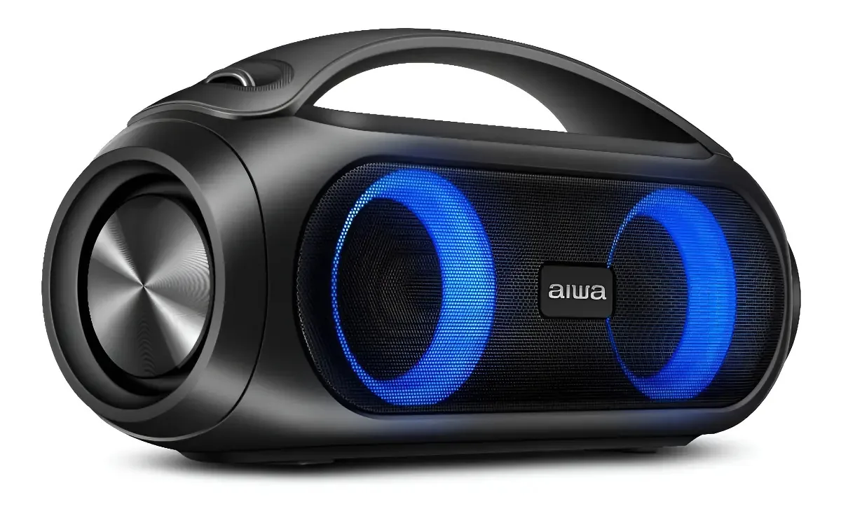 Caixa De Som Boombox Aiwa Bluetooth Ipx5, Luzes Multicores, Com Alca Aws Bbs 02