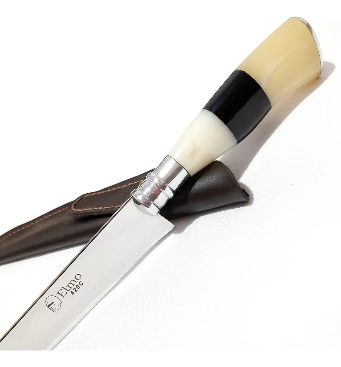 Faca Artesanal Gaúcha Elmo 7 Inox Temperado Churrasco Bainha Cabo Branco Amarelado Com Detalhe Preto