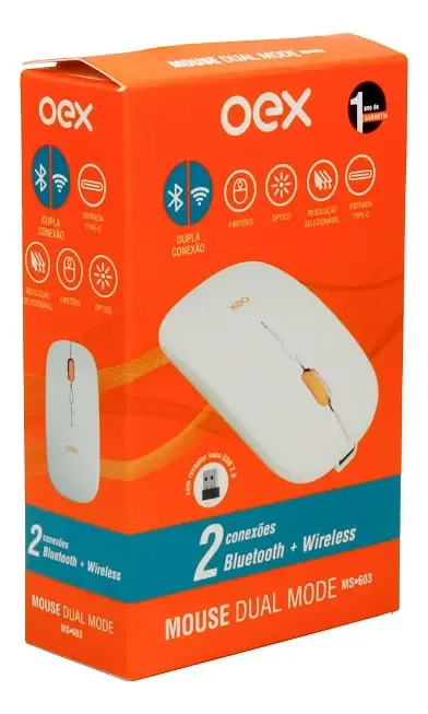 Mouse Sem Fio Dual Mode OEX Branco Bluetooth e Wireless MS603