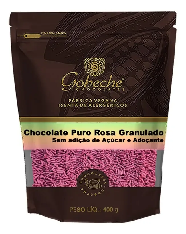 Chocolate Puro Rosa Granulado Sem Açúcar E Adoçante Zero Açúcar GOBECHE CHOCOLATES Gobeche adocicado sem glúten saco 400 g