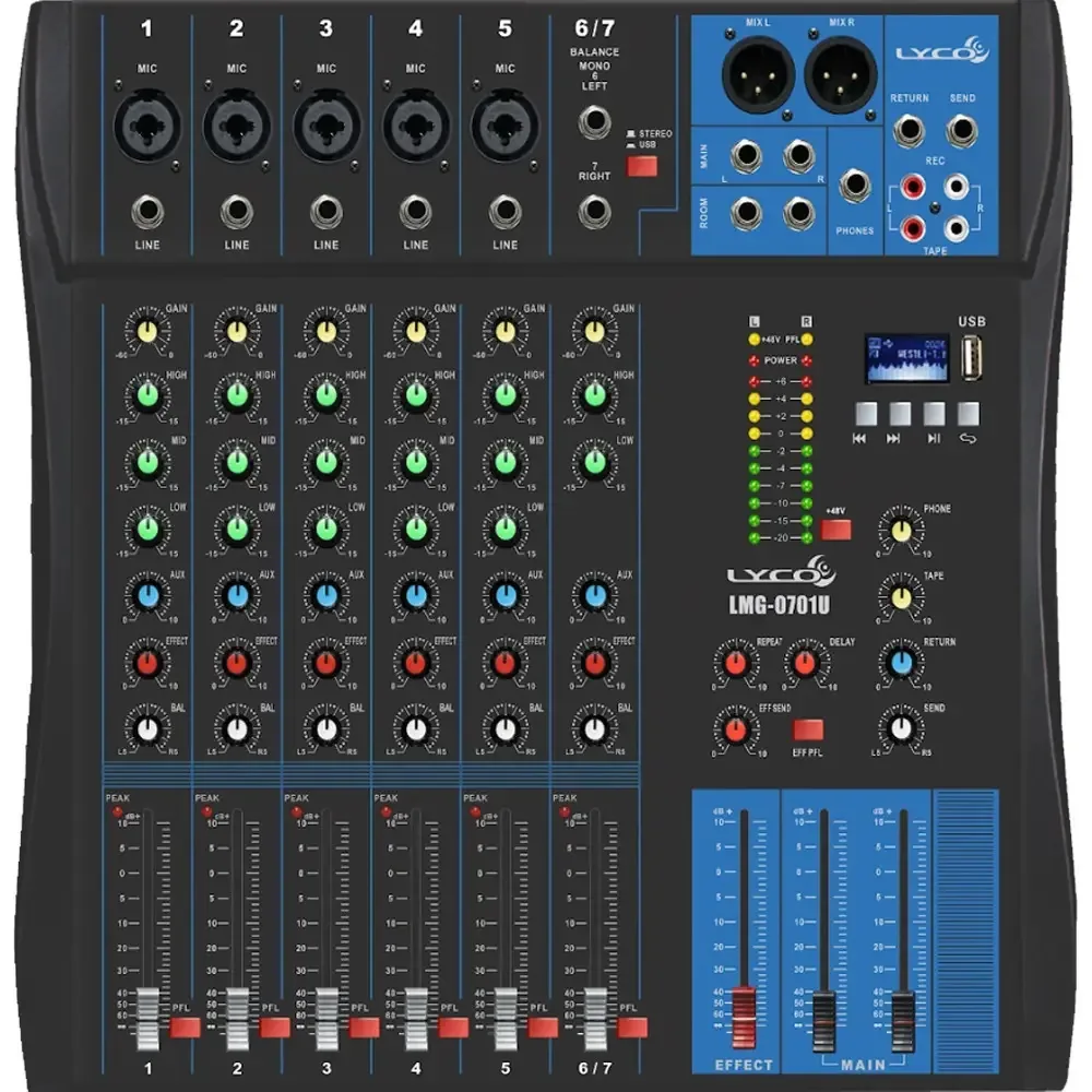 Mesa De Som 7 Canais C/ Usb/efeito/phantom/aux Lmg0701u Lyco