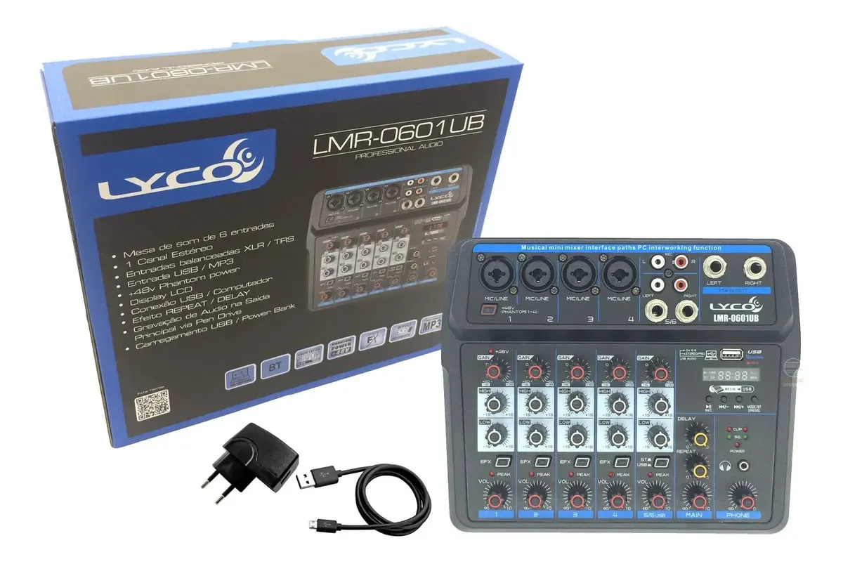 Mesa de Som Analógica Lyco 6 Canais LMR0601UB Bluetooth USB Phantom