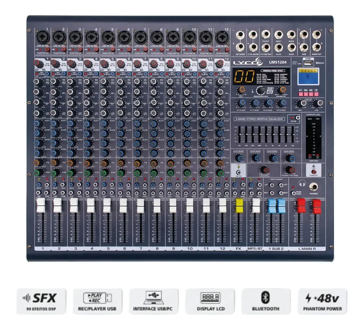 Mesa de Som Analógica Lyco LMS-1204 12 Canais Conectividade USB Bluetooth
