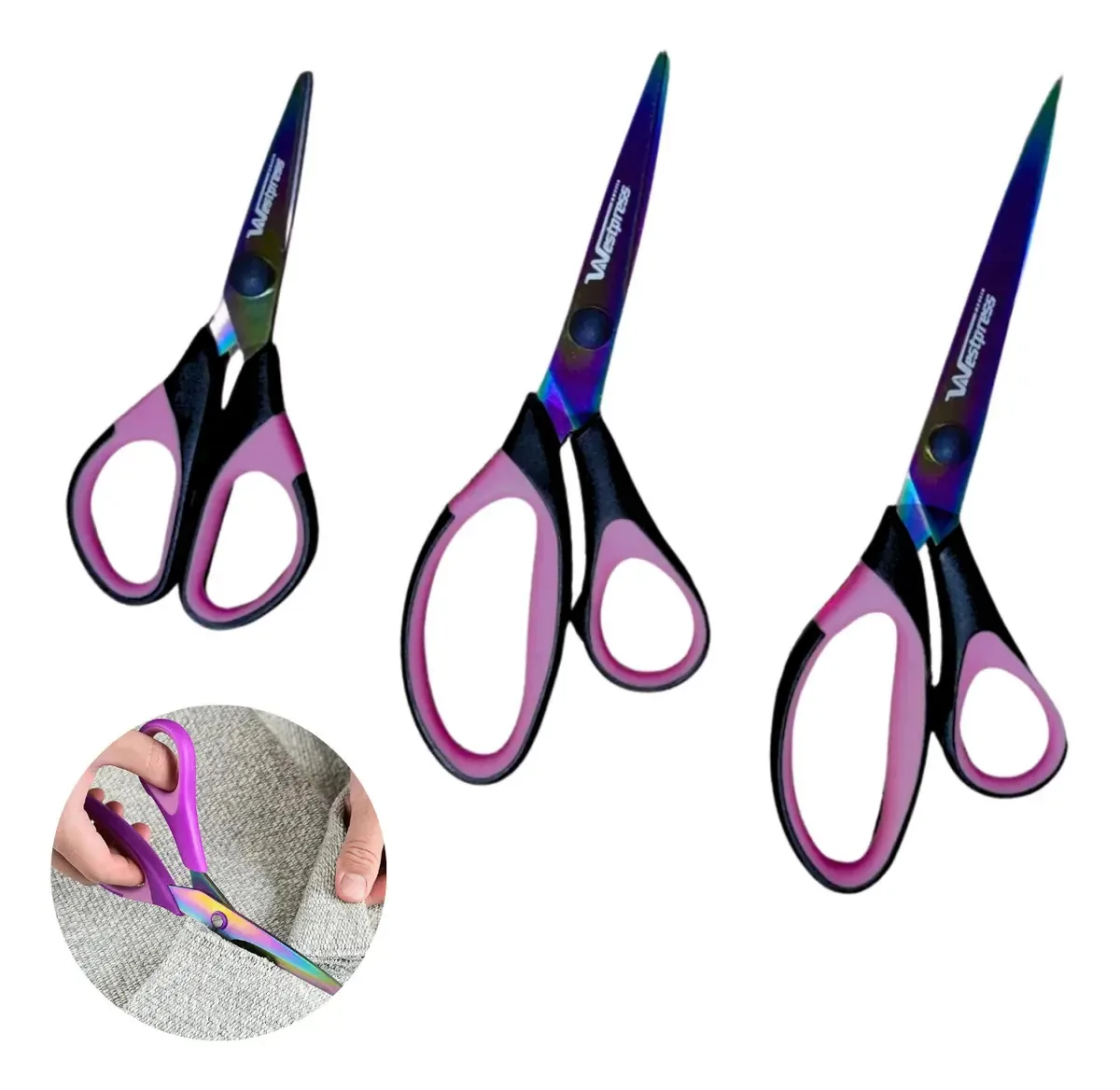 Kit 3 Tesouras Titânio Para Corte E Costura Profissional Cor Rosa/preta