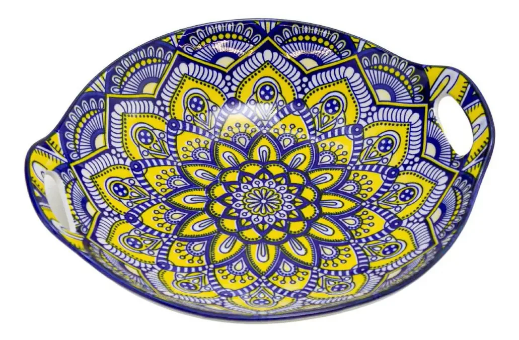 Mini Bandeja Com Alça Decorativa Louça Cerâmica Estampada