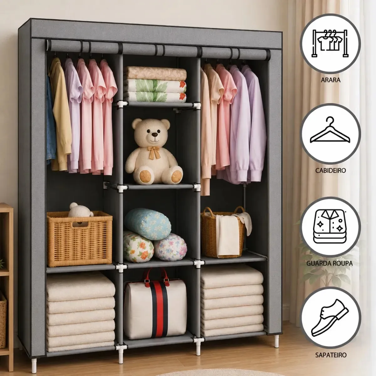 Guarda Roupa Portátil Dobrável Organizador Quarto 8 Divisórias