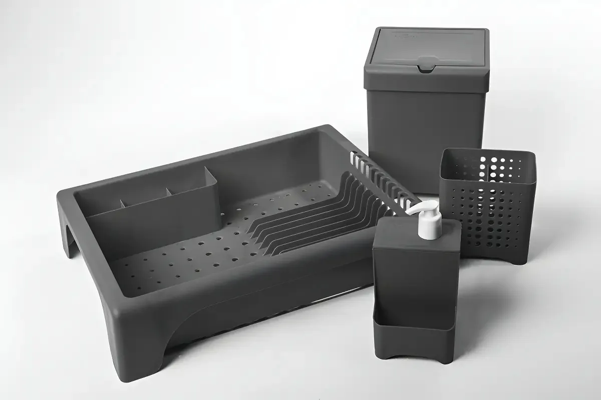 Kit Escorredor e Lixeira para Cozinha com Porta Detergente e Talher Cinza