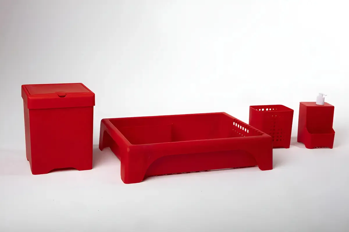 Kit de Cozinha Acquamar Jade: Escorredor de Louça, Lixeira e Porta Talheres Vermelho