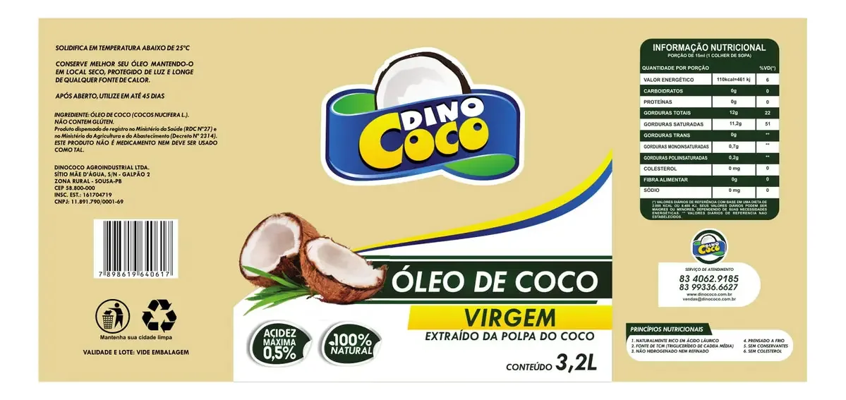 Balde Óleo De Coco Virgem 3,2l - Dinococo