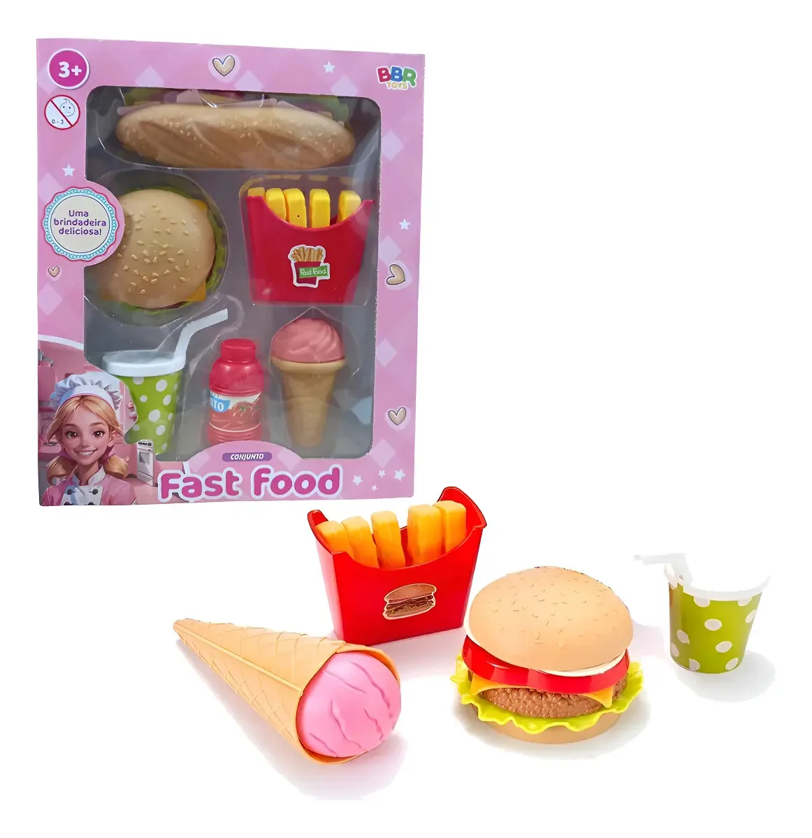 Kit Brinquedo Comidinha Plástico BBR Hambúrguer Sorvete Batata Frita