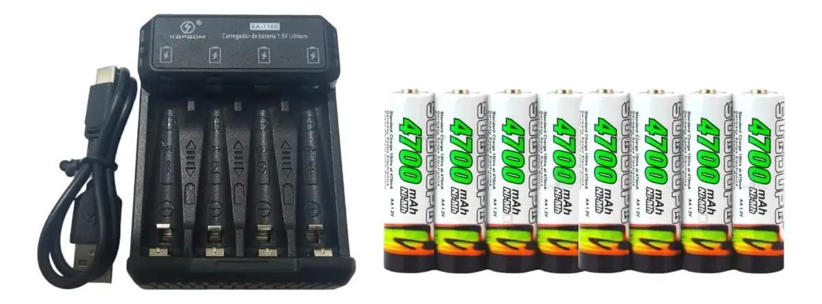 Kit 8 Pilhas Aa + Carregador De Pilhas Rápido Bivolt