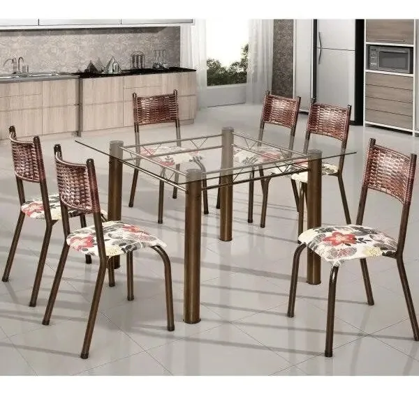 Conjunto De Mesa Quadrada Tampo De Vidro 6 Cadeiras Eawt