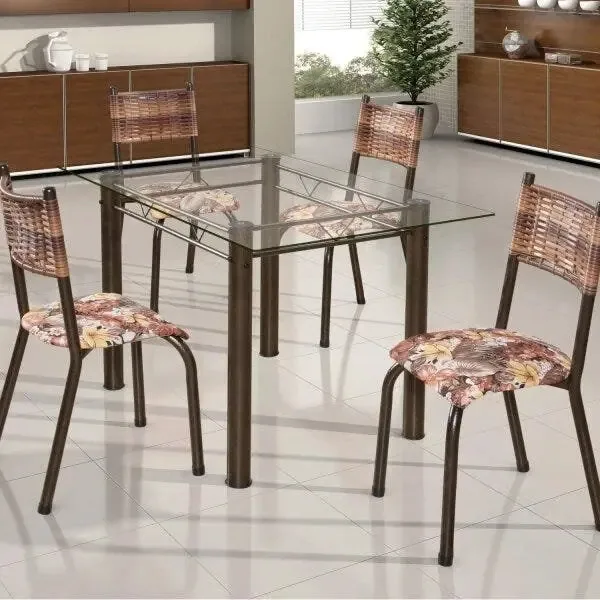 Conjunto De Mesa Retangular Tampo De Vidro 4 Cadeiras Dd