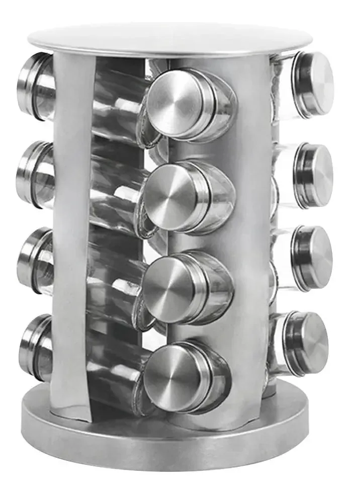 Porta Temperos Inox E Vidro Com Suporte Giratório 16 Peças