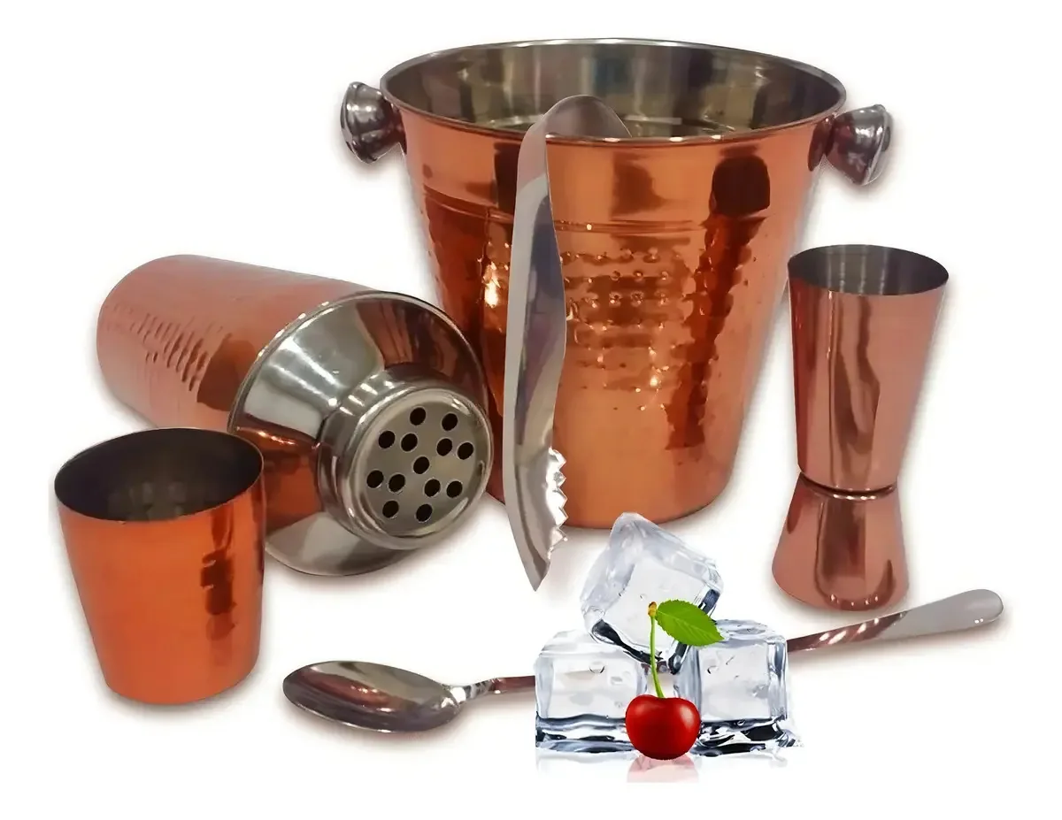 Coqueteleira Cobre Aço Inox Martelado Jogo Com 5 Peças