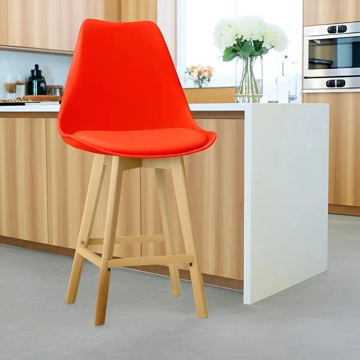 Banqueta Monty Leda Alta Base Fixa Madeira Cor Vermelho
