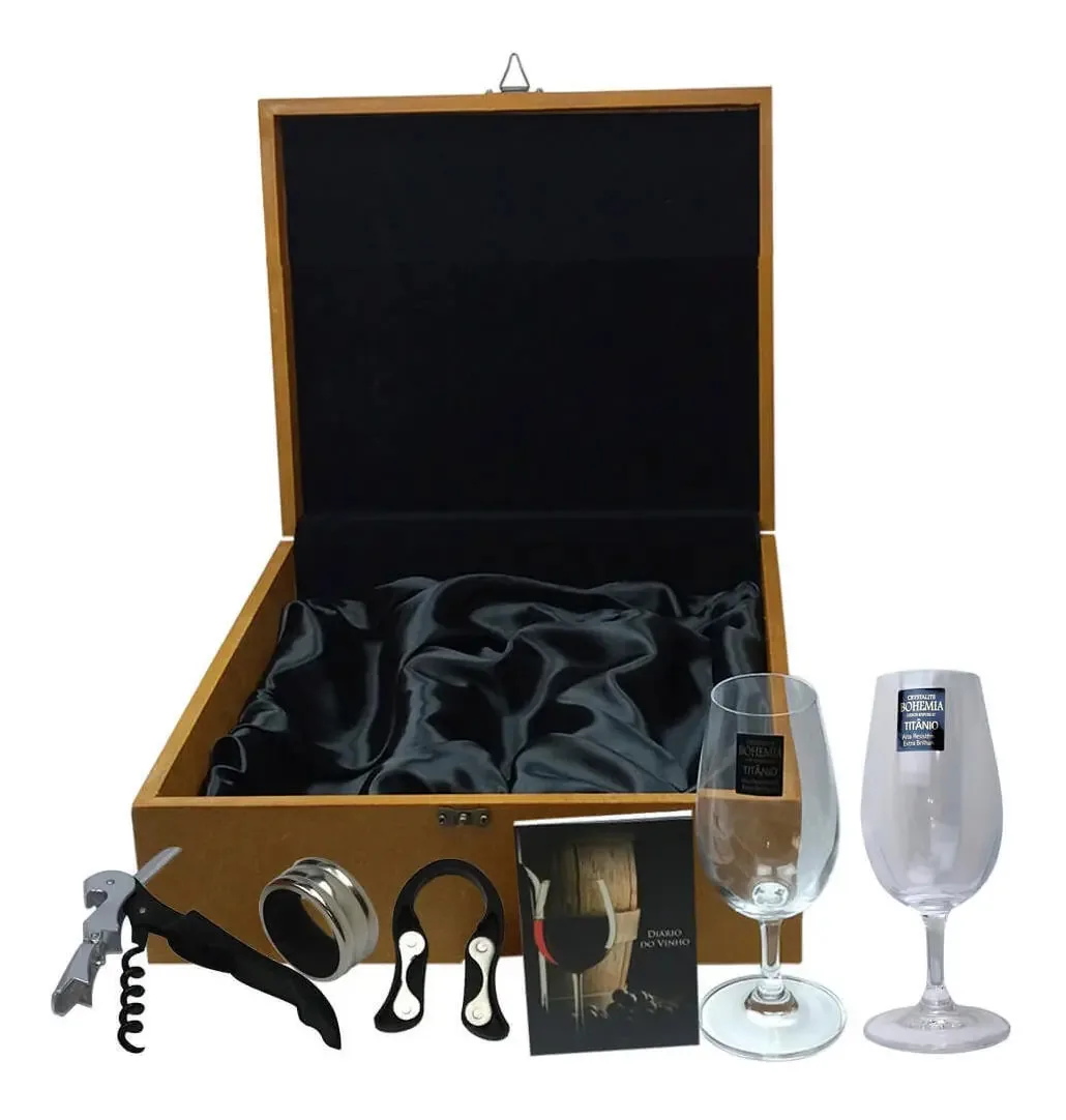 Caixa Madeira Com 2 Taças Vinho Bohemia Cristal E Acessórios