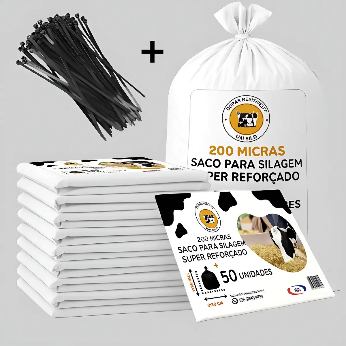 Saco Para Silagem Pacote C/ 100 Un + 100 Abracadeiras Grosso Cor Branco