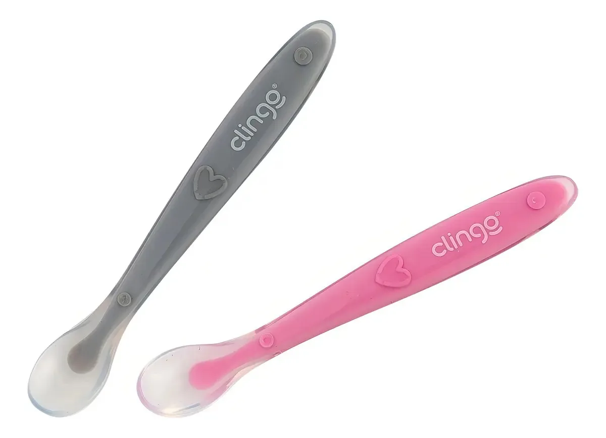Kit Colheres Em Silicone Infantil 2 Uni Clingo Cor Rosa/Cinza