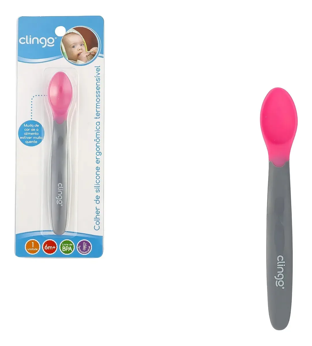Colher De Silicone Ergonômica Termossensível 6m+ Rosa Clingo