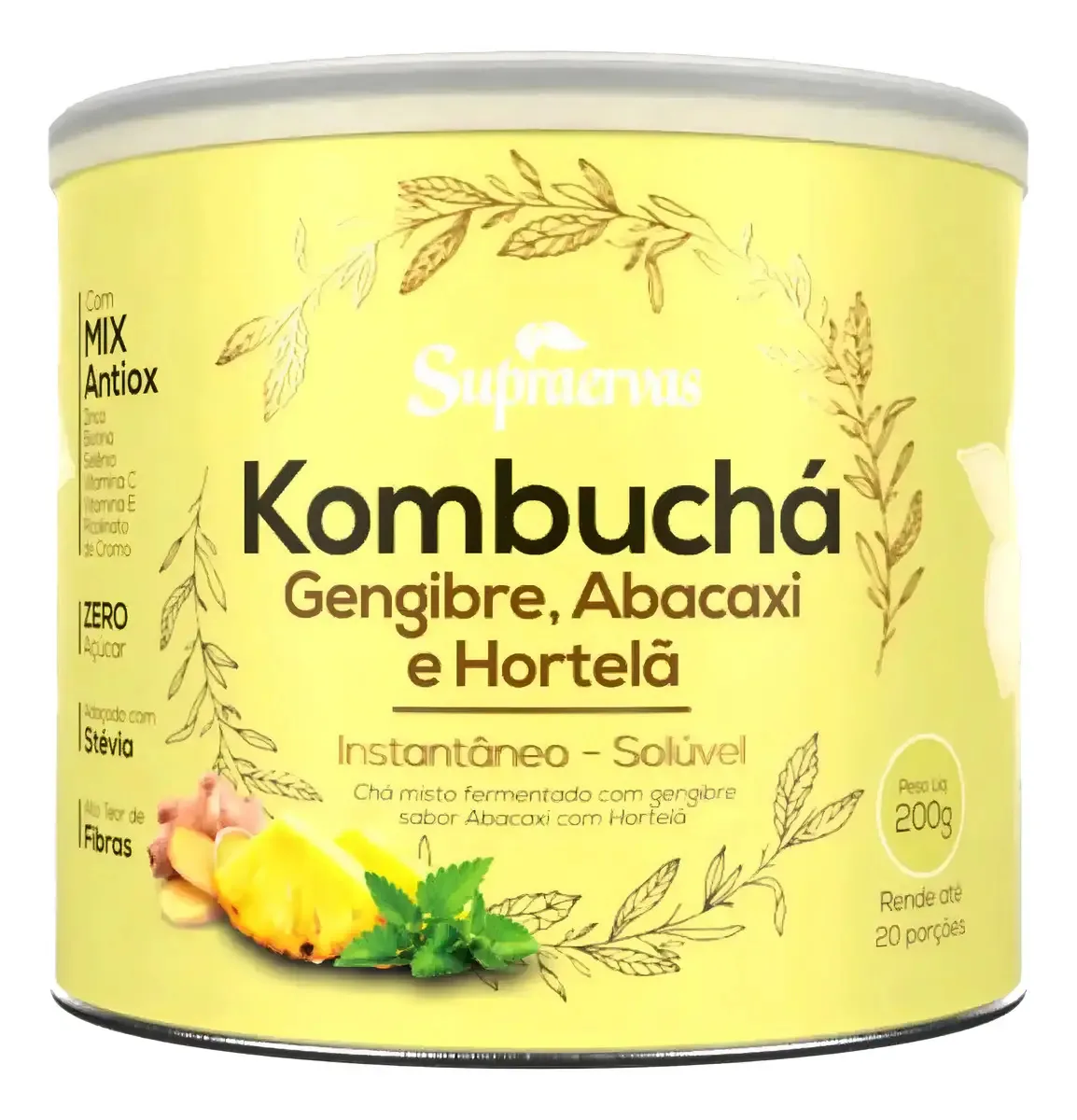 Supraervas Kombuchá Instantâneo Gengibre Abacaxi Hortelã Lata 200g
