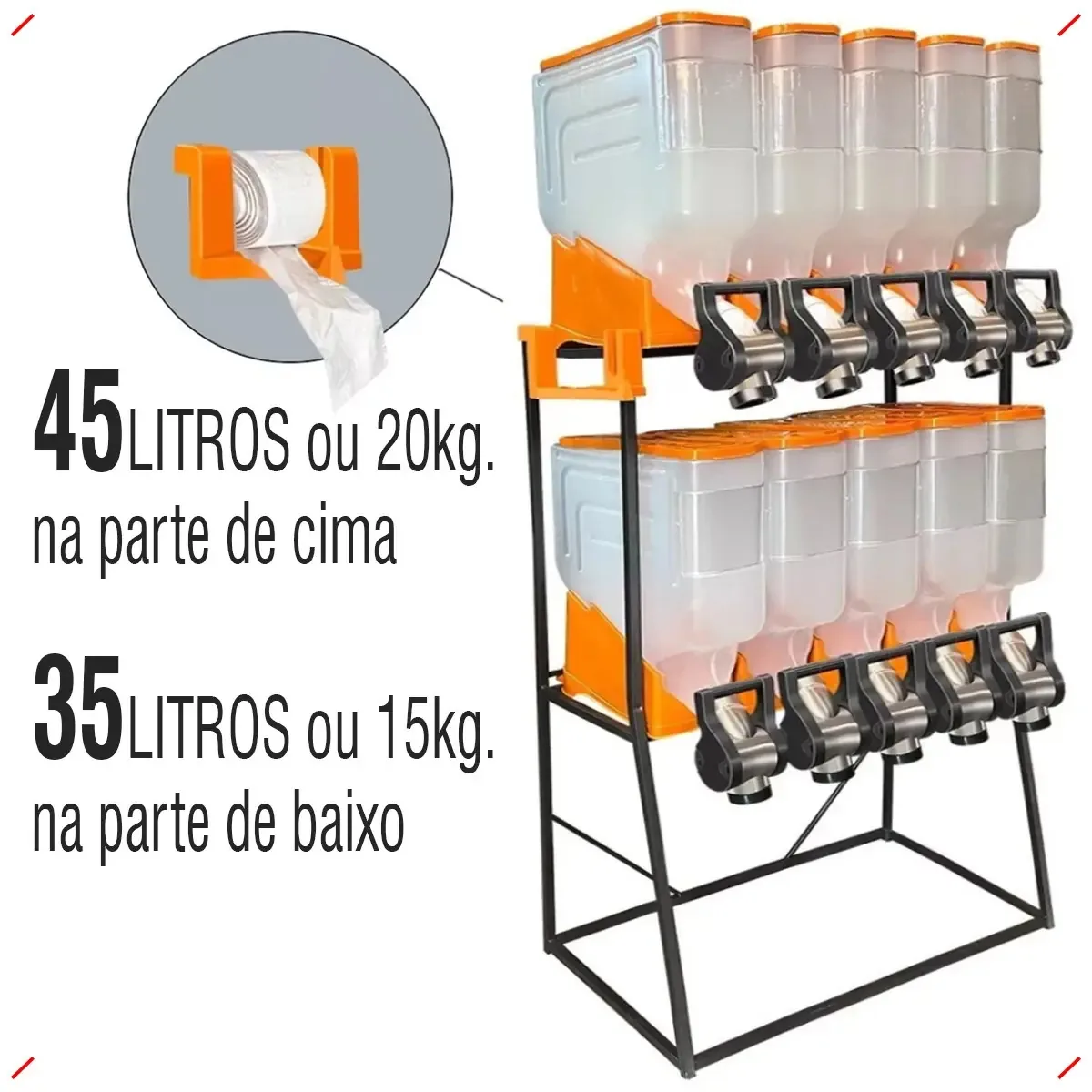 Dispenser Armazenador Cereais Granulados Ração Castanha 45lt Cor Laranja
