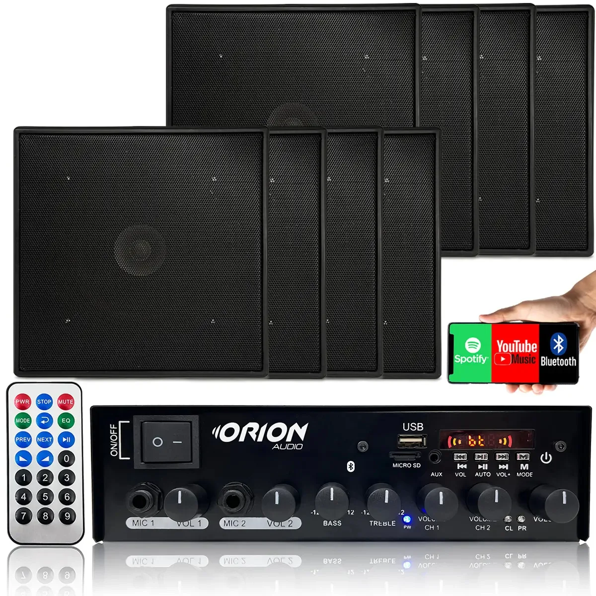 8 Caixas Som Ambiente Quadrada Preta Receiver Bt Grave