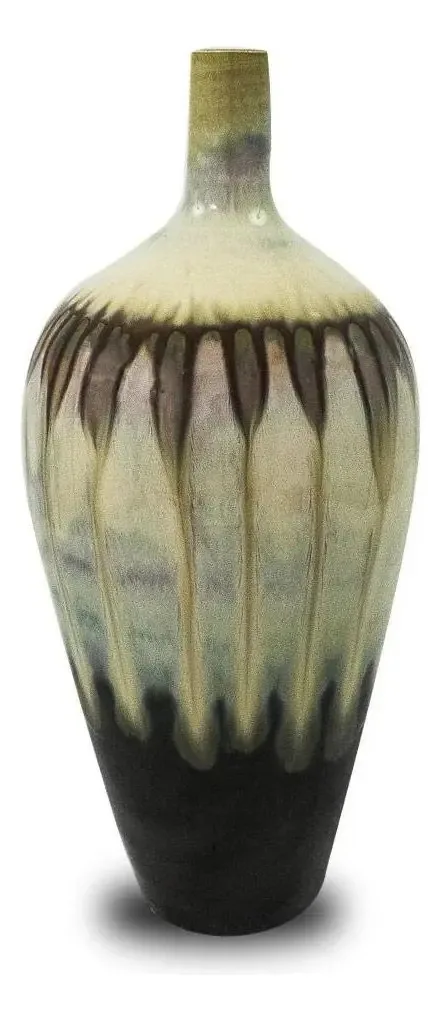 Vaso Decorativo Cerâmica Bege Detalhes Marrom 37x15x15cm