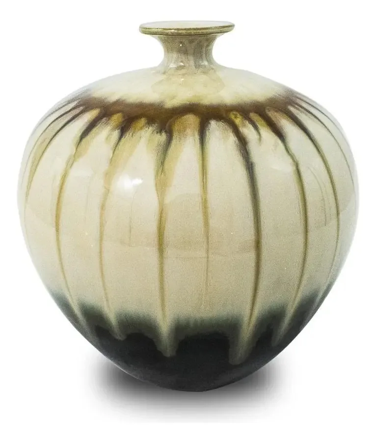 Vaso Decorativo Cerâmica Bege Detalhes Marrom 21x17x17cm