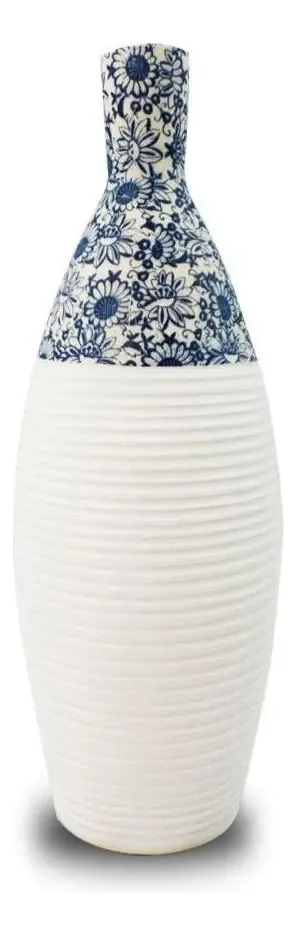 Vaso Decorativo Cerâmica Branco Floral 37x15x15