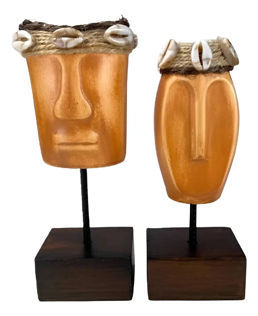 Esculturas Tribal - Com Base De Pinus - Conchas E Sisal Cor Laranja-claro
