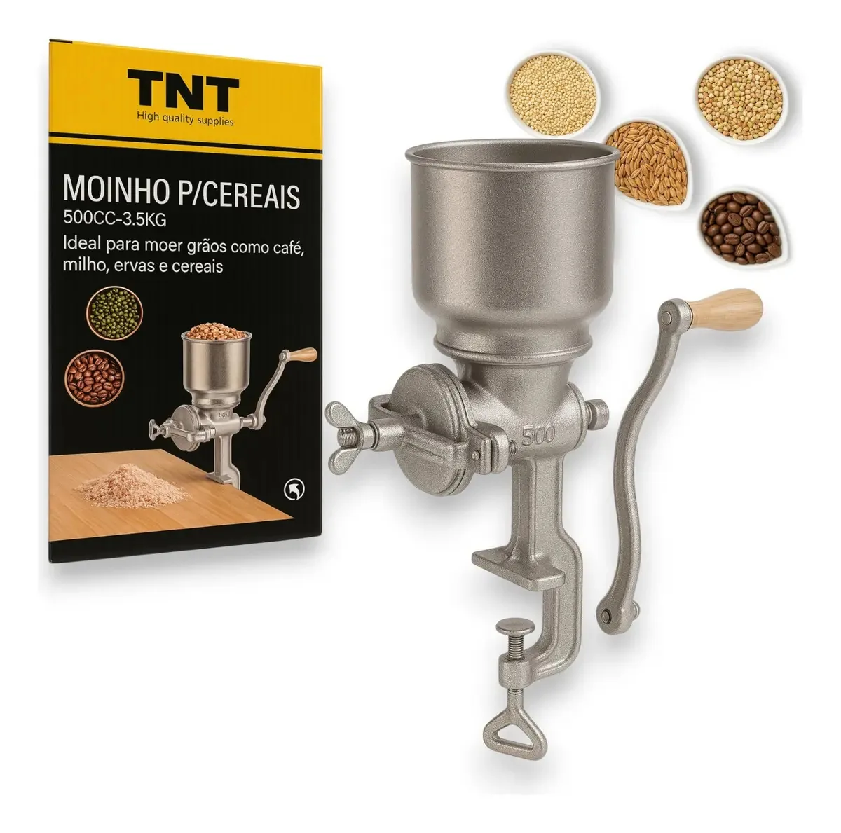 Moinho Moedor Grãos Maquina Moer De Café Milho Soja Manivela Cor Prateado