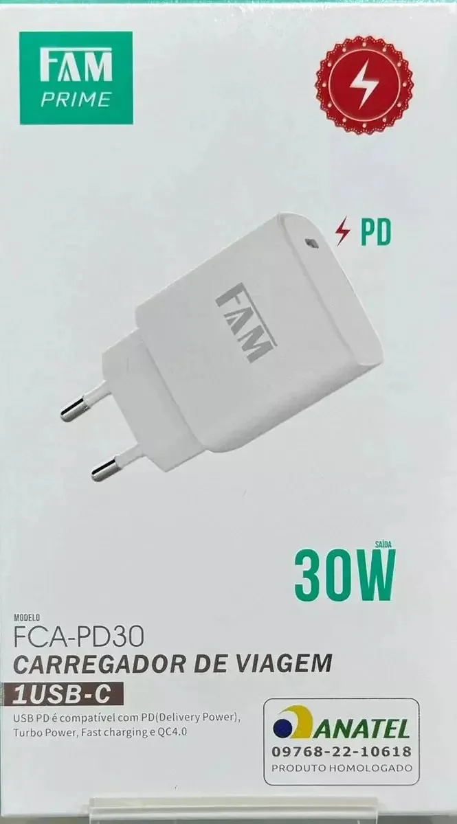 Carregador Turbo Tipo-C 30W FAM Branco Para Parede