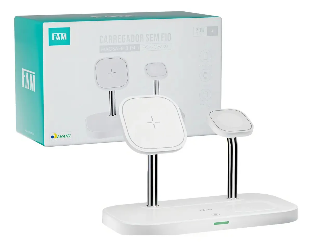 Carregador Indução 3 em 1 20W FAM FCA-QW30 USB-C para iPhone e Apple Watch