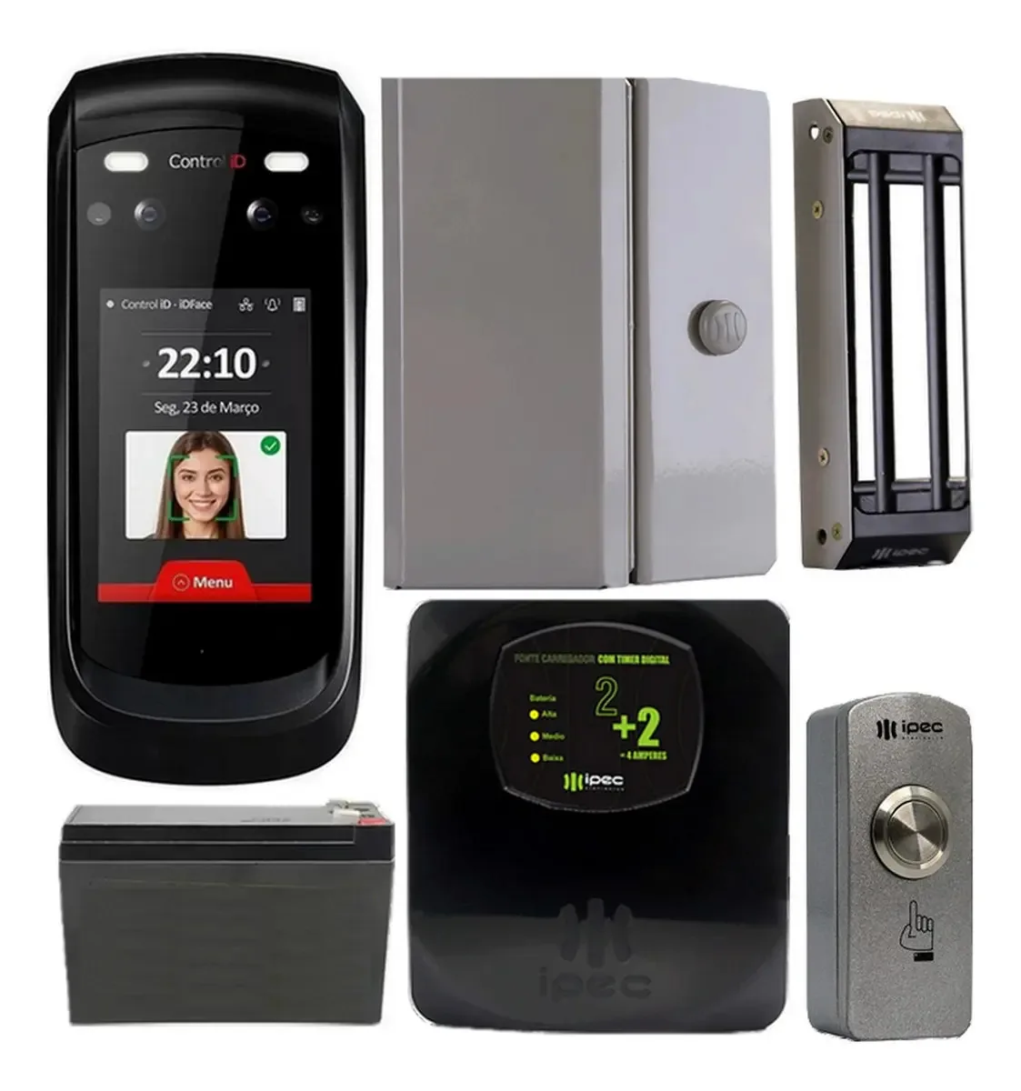 Kit Controle De Acesso Idface Fechadura Eletroímã Botoeira Cor Cinza