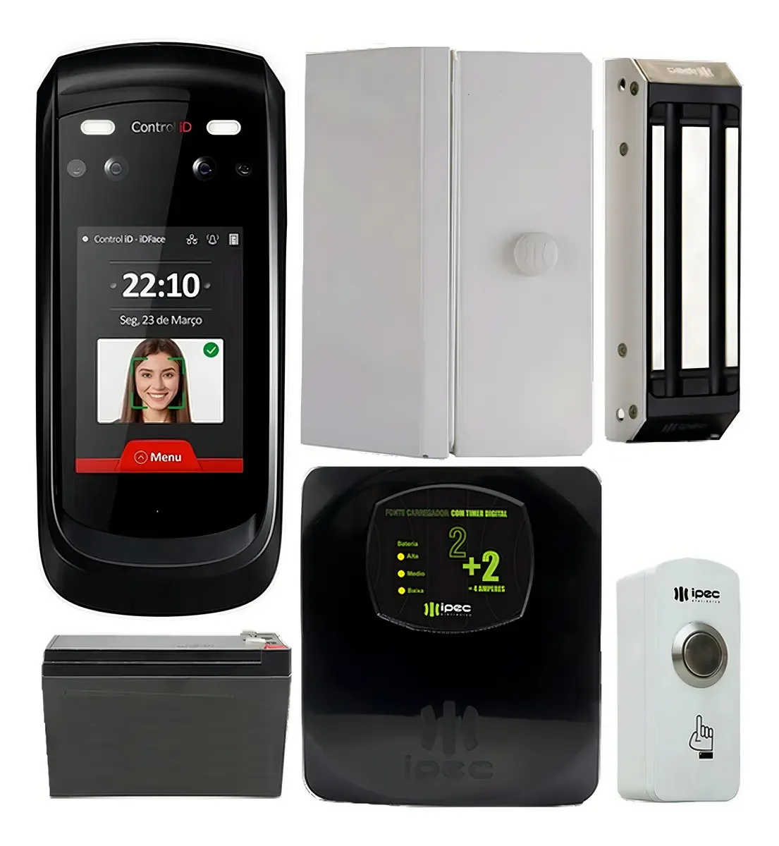 Kit Controle De Acesso Idface Fechadura Eletroímã Botoeira Cor Branco