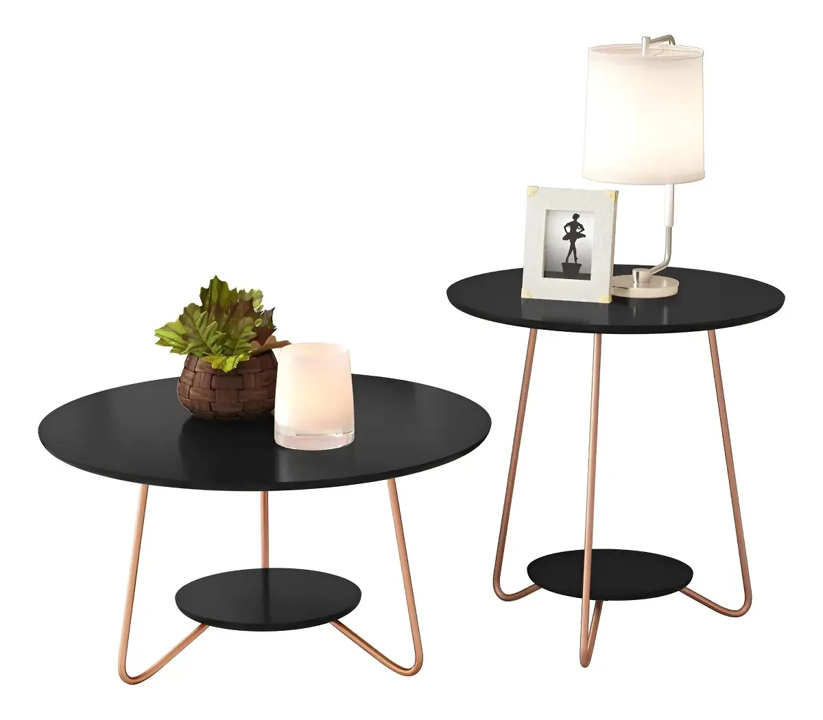 Conjunto Mesas Centro e Apoio EJ Móveis Preto MDF Aço Moderno