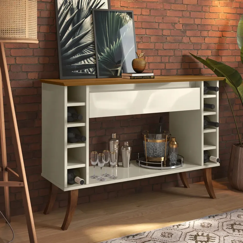 Aparador Balcão Com Gaveta E 10 Adegas 108cm Elegance Cor Off e Freijó