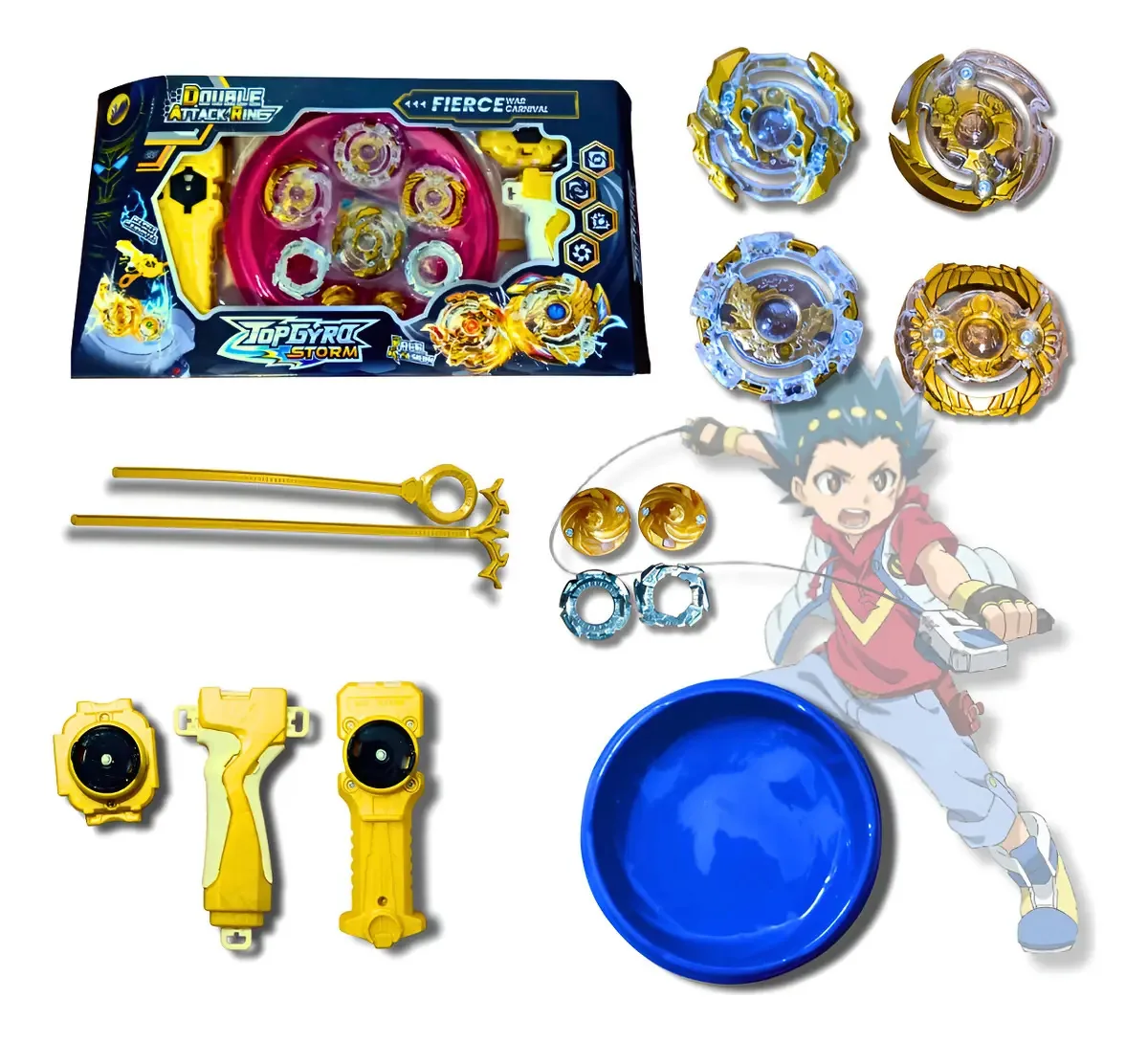 Topgyro Beyblade Kit 4 Peões 2 Lançadores e Arena Amarelo 38cm
