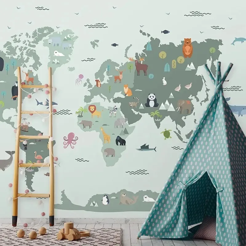 Painel Adesivo Papel Parede Mapa Mundi Safári Verde Baby M²