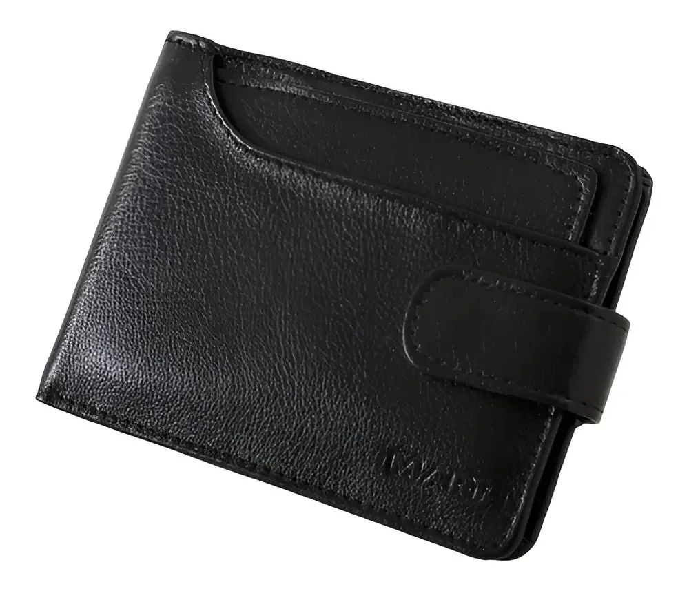 Carteira Masculina Couro Preto Com Botão Porta Moedas 7 Portas Cartões
