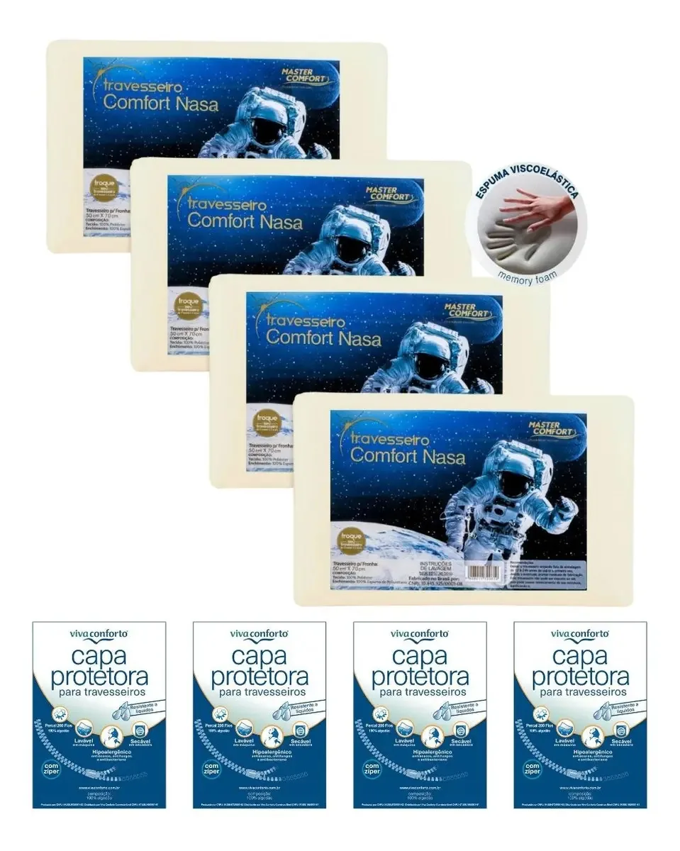 Kit 4 Travesseiros Tradicional Master Comfort Espuma Viscoelástica 10cm