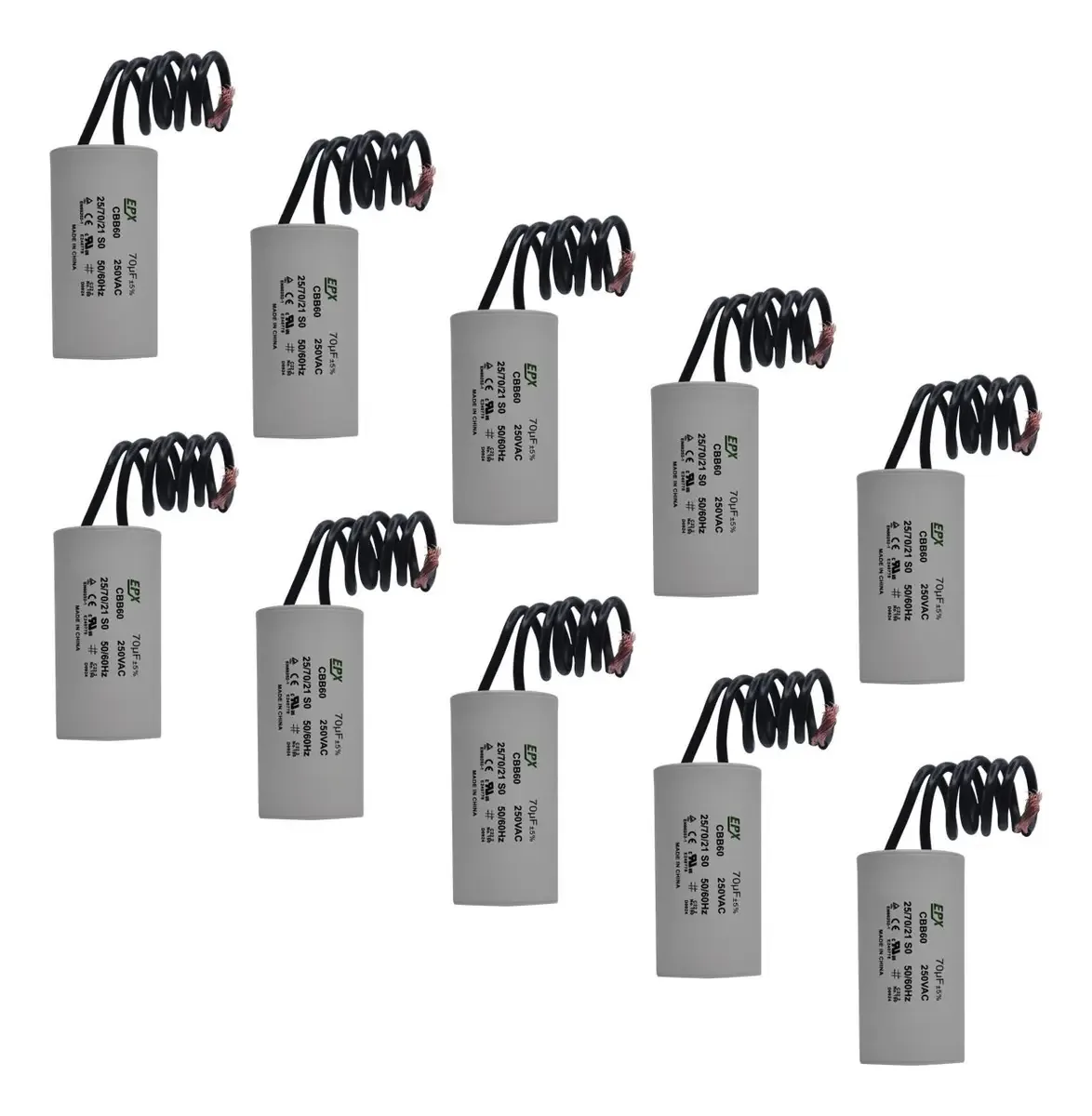 Kit 10 Capacitores Permanentes 70uf 250v 2 Fios Cbb60 Motor