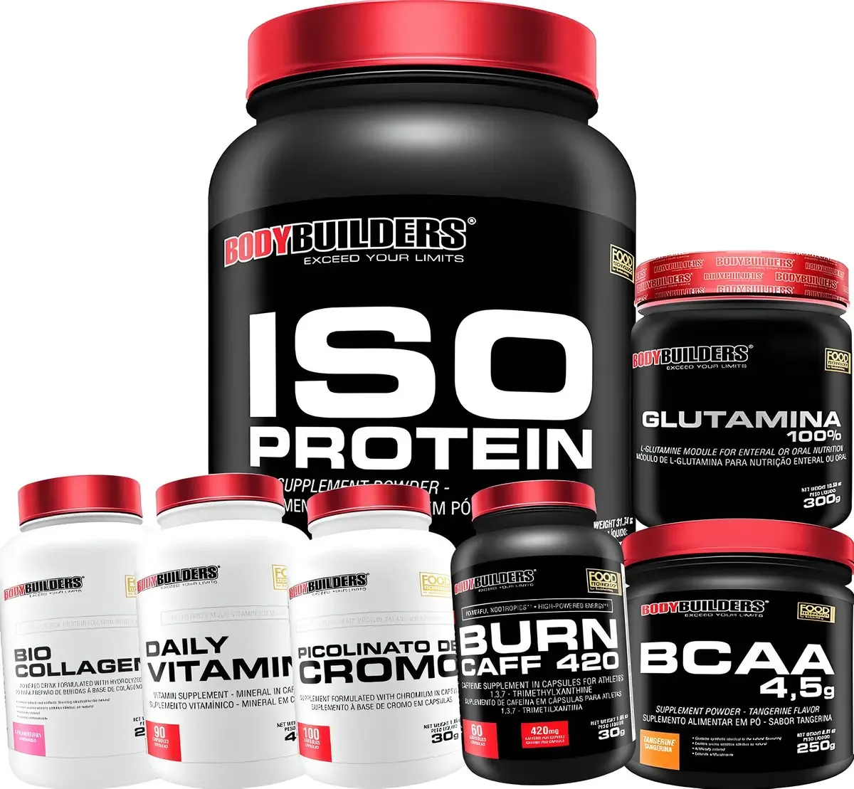 Kit Bodybuilders com Whey Isolado, Termogênico, Colágeno e Vitaminas para Força e Energia