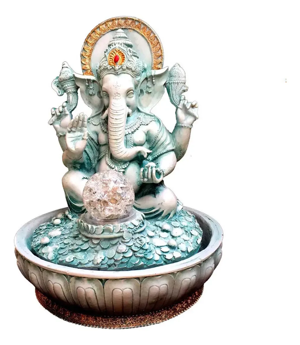 Fonte De Água Estátua De Ganesha Verde Resina 30cm