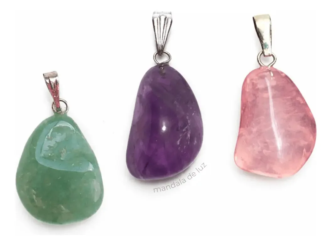 Kit 3 Pingentes Pedras Naturais Quartzo Rosa Ametista Verde